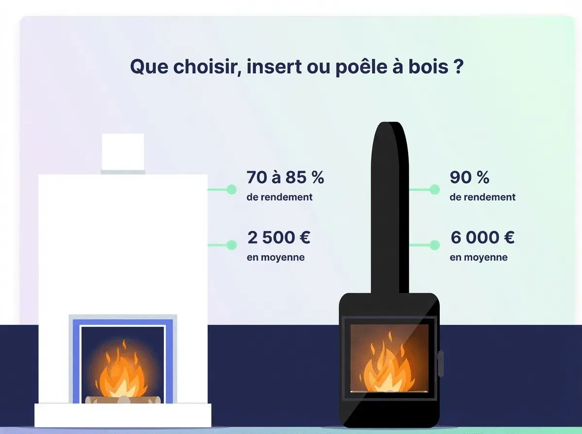 Comparaison entre un insert et un poêle à bois : rendement et coût. Le poêle à bois offre un meilleur rendement.