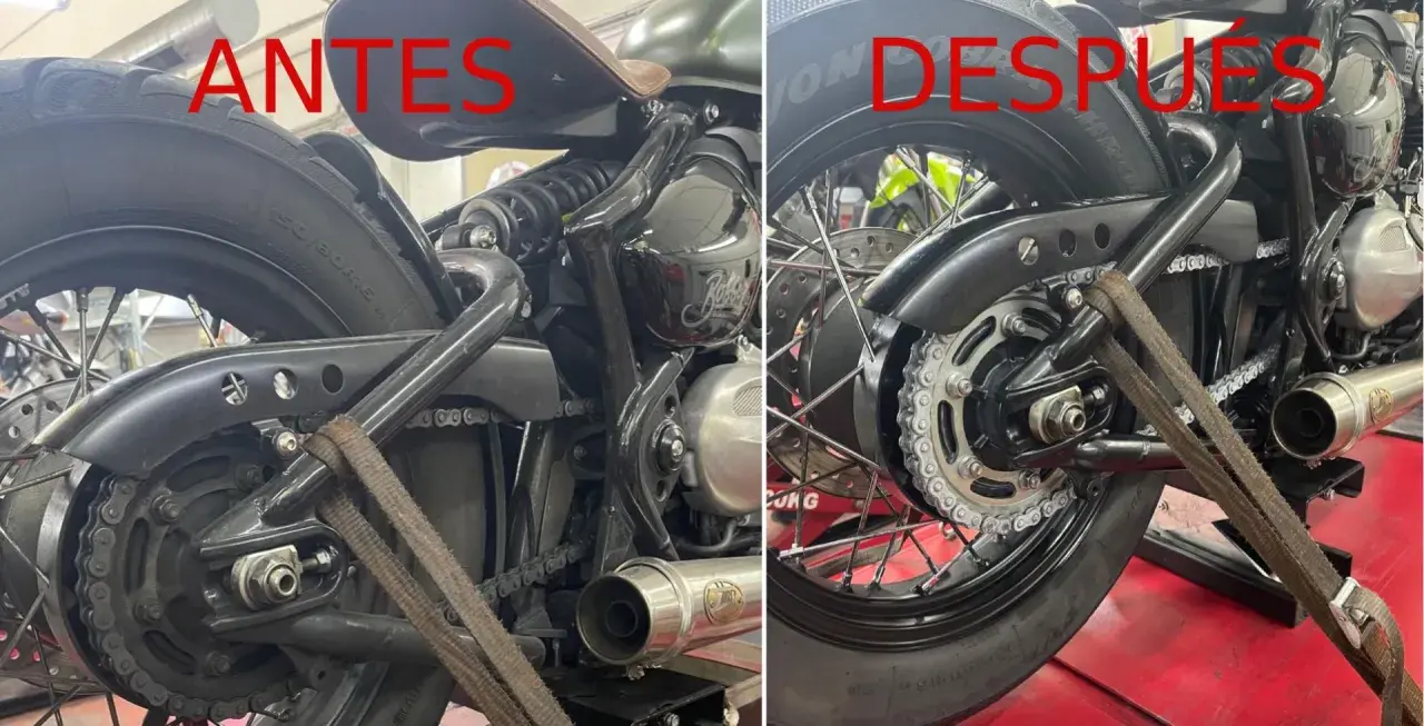 Comparativa de cómo limpiar la cadena de la moto. Antes, sucia y desgastada; después, reluciente y lista para rodar.