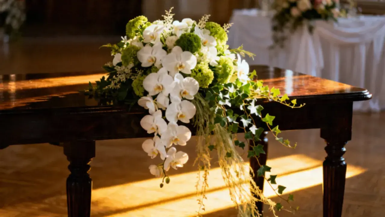 Elegancki bukiet ślubny z białych orchidei i zielonych dodatków, który może wpłynąć na bukiet ślubny cena.