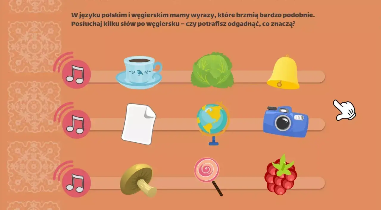 Polska i Węgry mają podobne słowa. Gra z ikonami: filiżanka, kapusta, dzwonek, papier, globus, aparat, grzyb, lizak, malina.