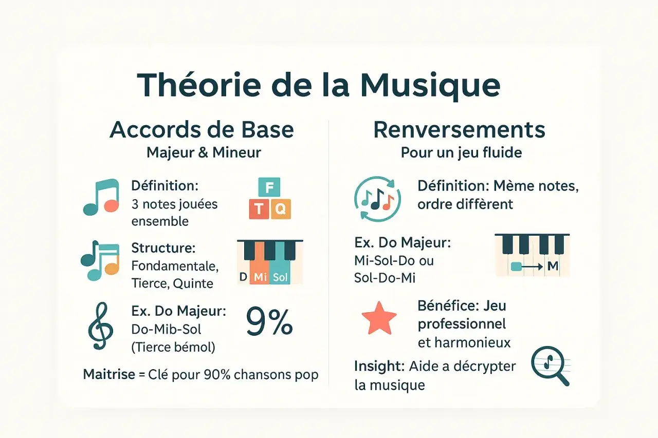 Théorie musicale : accords de base (majeur/mineur) et renversements. Illustration de notes, touches de piano et symboles.