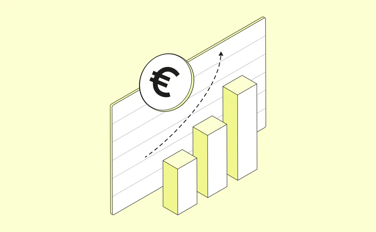 Aufsteigende Balken und ein Euro-Symbol auf einem Diagramm zeigen, wie man mit Aktien Geld verdienen kann.