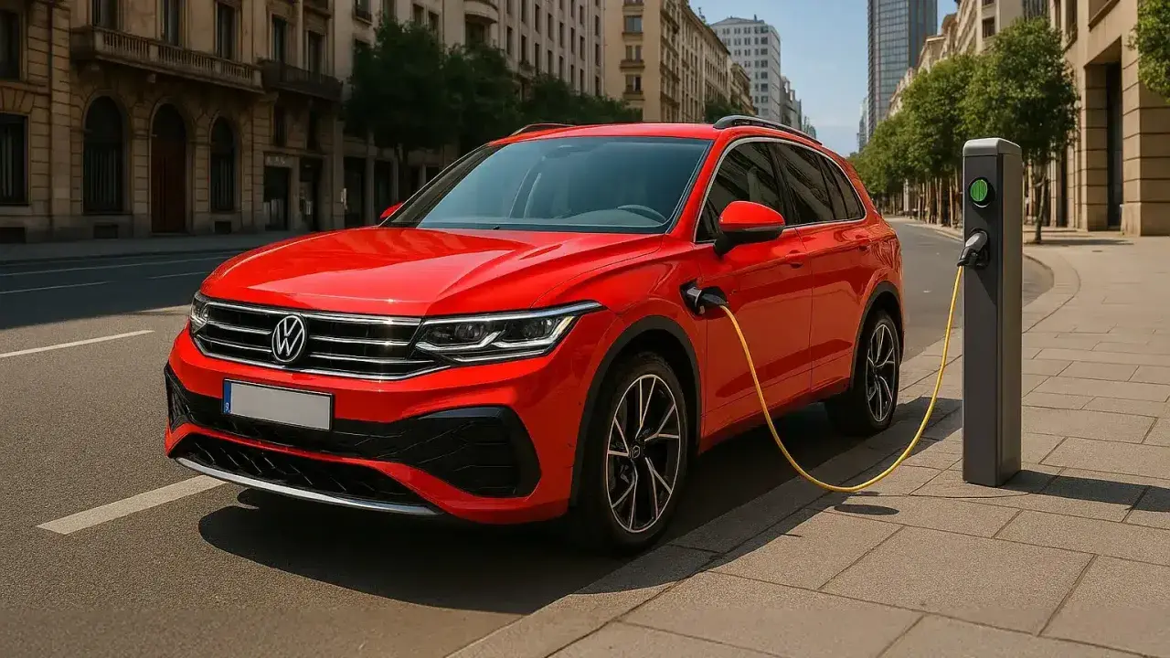 Un'auto rossa ibrida plug-in in carica, che mostra come funziona ibrido plug in.