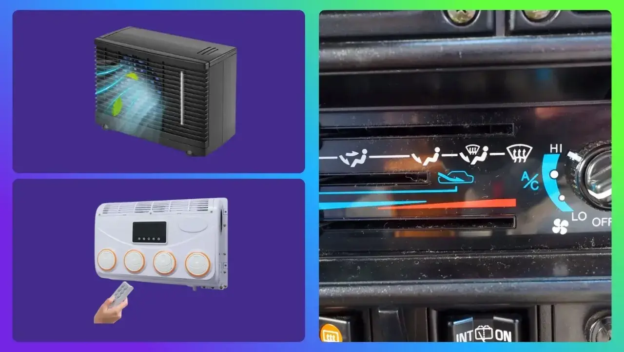 Un climatizador evaporativo que es: dos unidades de aire acondicionado, una negra y otra blanca, junto a un panel de control de clima de coche.