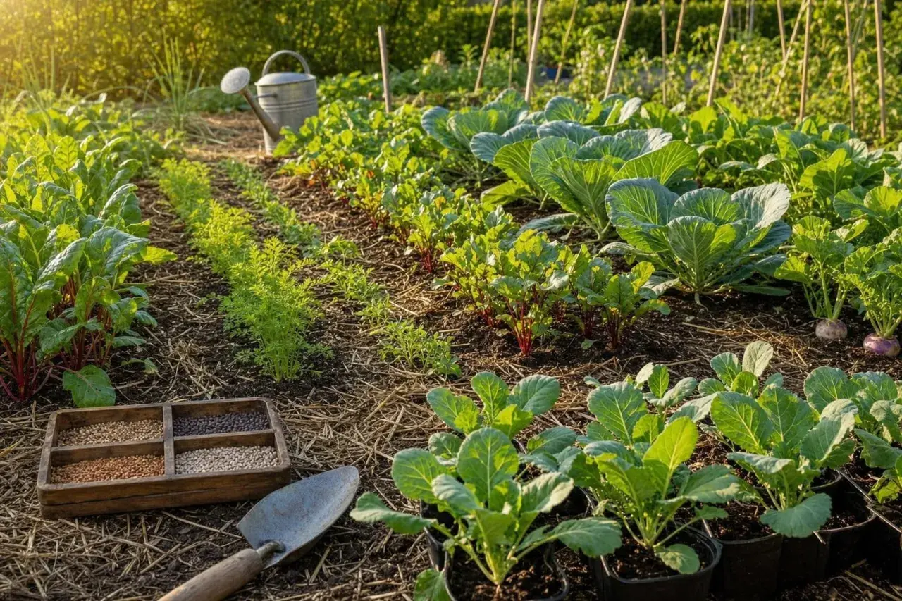 Un potager florissant en juillet, idéal pour savoir que planter. On y voit des semis de carottes, des betteraves, des choux et des navets.