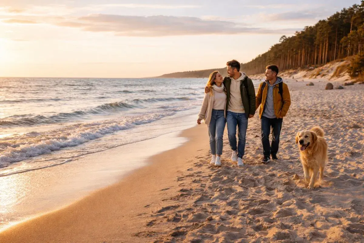 Trzech przyjaciół i pies spacerują po piaszczystej plaży w Mielnie o zachodzie słońca.
