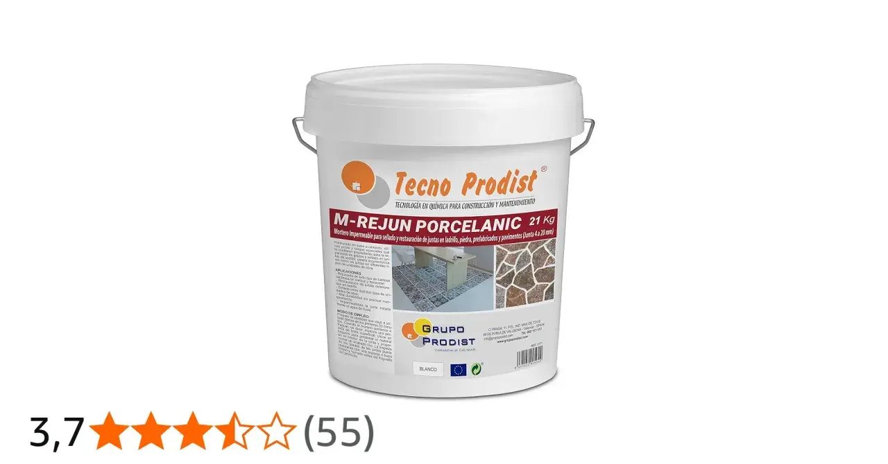 Balde blanco de mortero sin retracción M-REJUN PORCELANIC 21 Kg de Tecno Prodist, ideal para juntas de ladrillo y piedra.