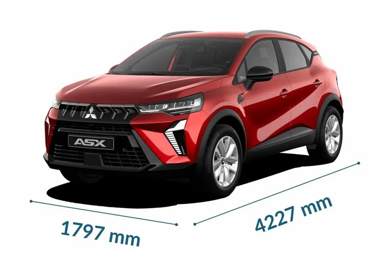Czerwony Mitsubishi ASX, z wymiarami 1797 mm szerokości i 4227 mm długości, prezentuje nowoczesny design.