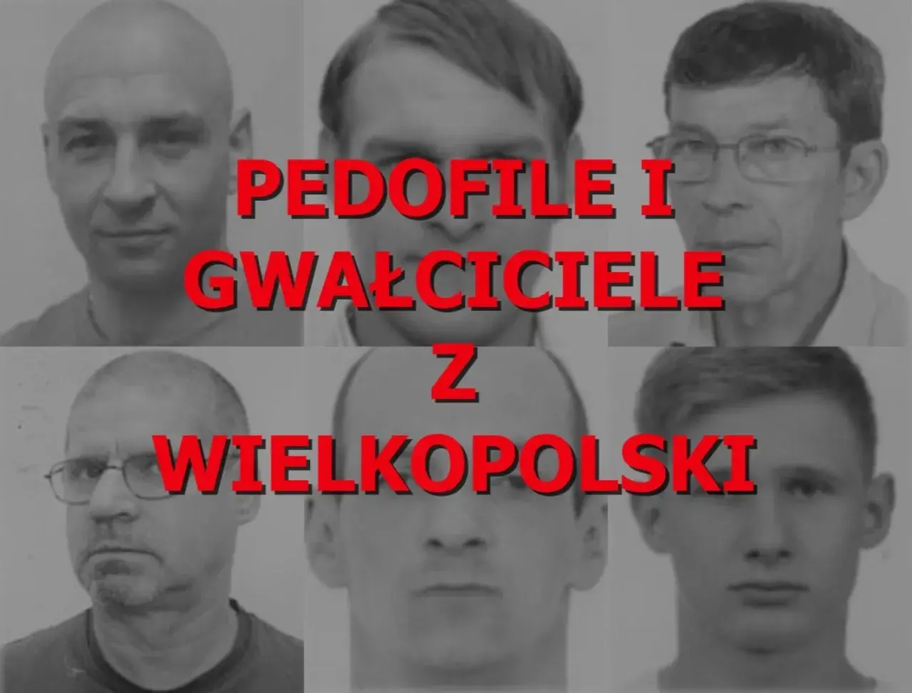 Zbiór twarzy mężczyzn z Wielkopolski. Napis głosi "PEDOFIL I GWAŁCICIELE Z WIELKOPOLSKI".