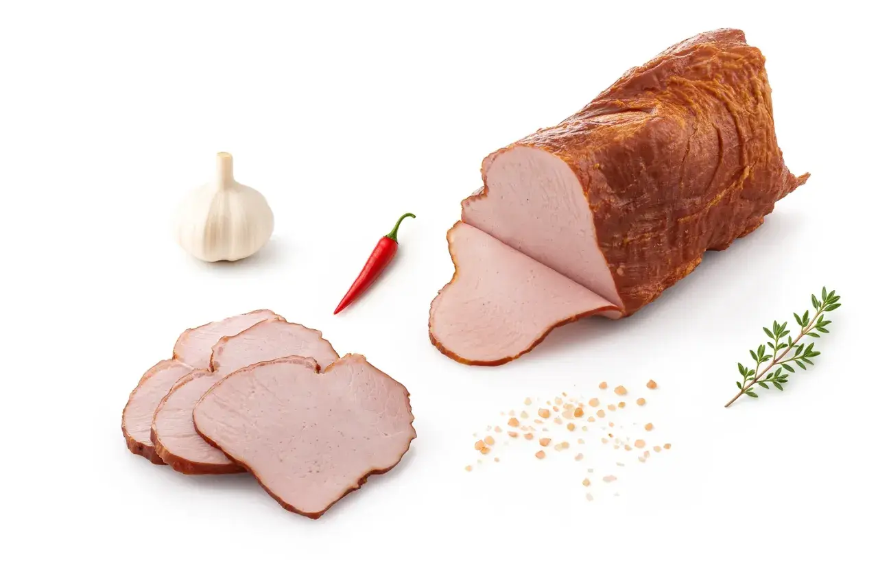 Pokrojona polędwica sopocka, czosnek, papryczka chili i gałązka ziół na białym tle.