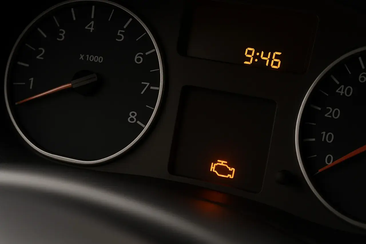 Cruscotto con spia motore accesa ma nessun problema. L'ora è 9:46.