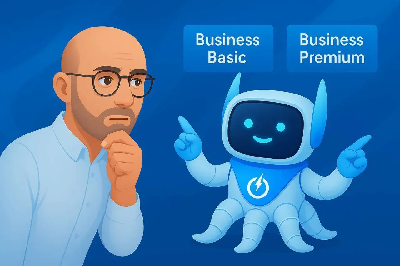 Un homme réfléchit, un robot amical pointe vers "Business Premium" et "Business Basic", suggérant des options pour Office 365.