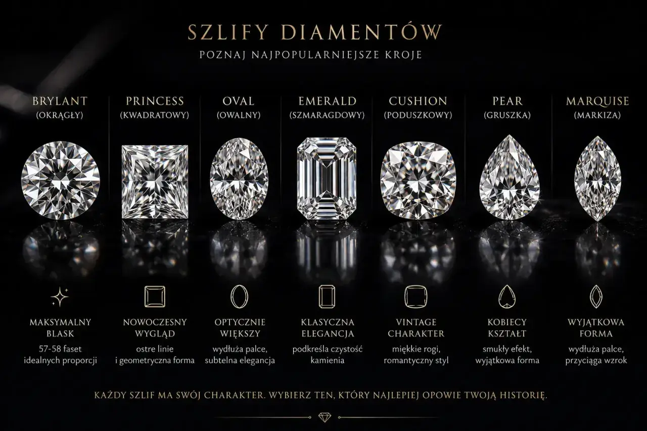 Różne szlify diamentów: brylant, princess, oval, emerald, cushion, pear, marquise. Każdy ma swój mały diament inaczej.