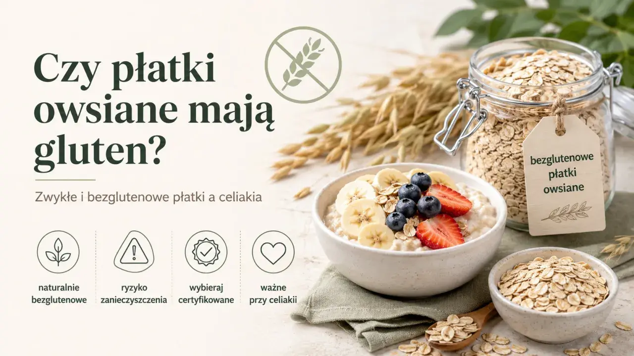 Czy płatki owsiane mają gluten? Grafika przedstawia miskę owsianki z owocami i słoik płatków owsianych z etykietą "bezglutenowe płatki owsiane".