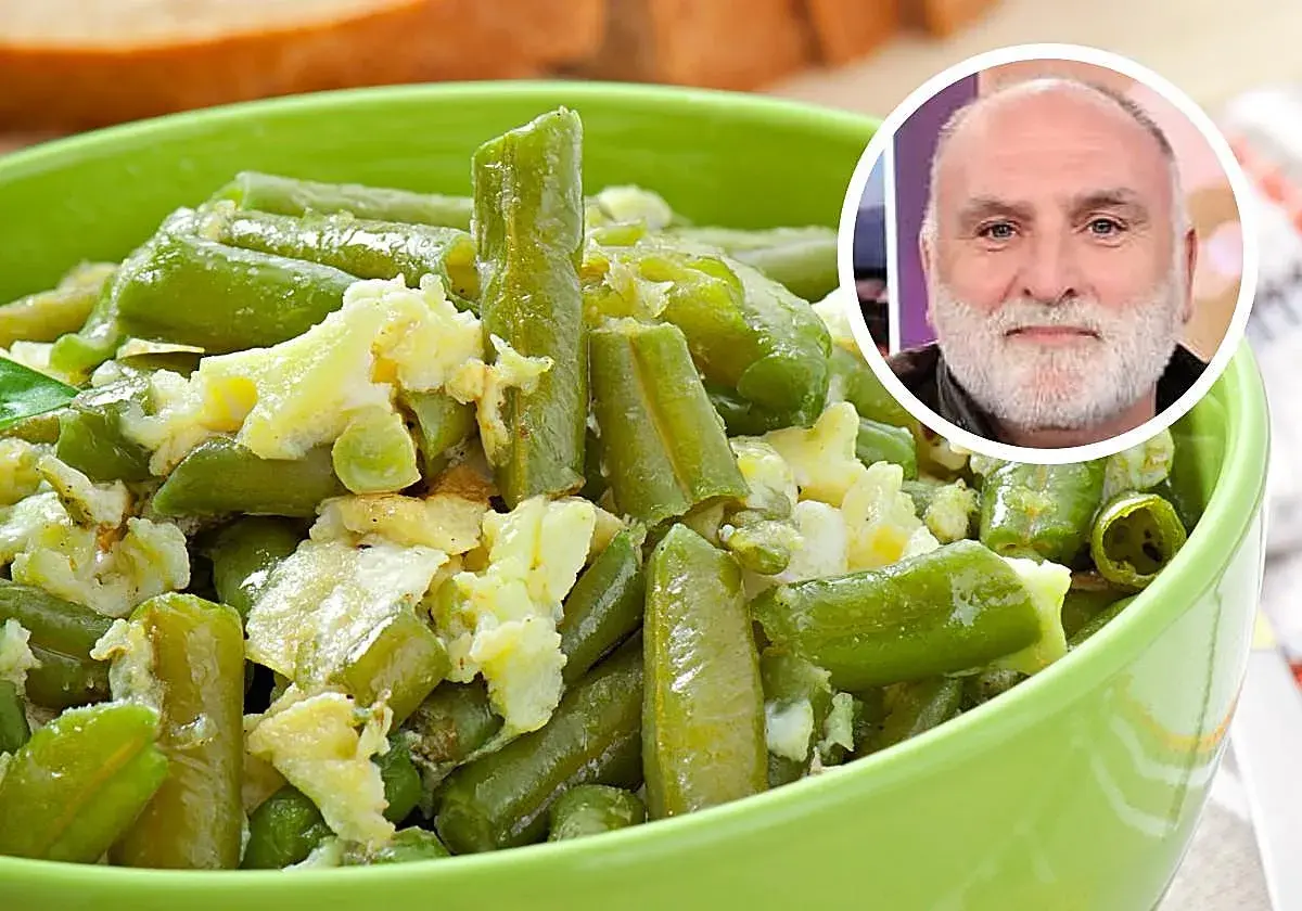 Judías verdes con patatas y huevo revuelto en un cuenco verde. Un hombre sonríe en un círculo superpuesto.