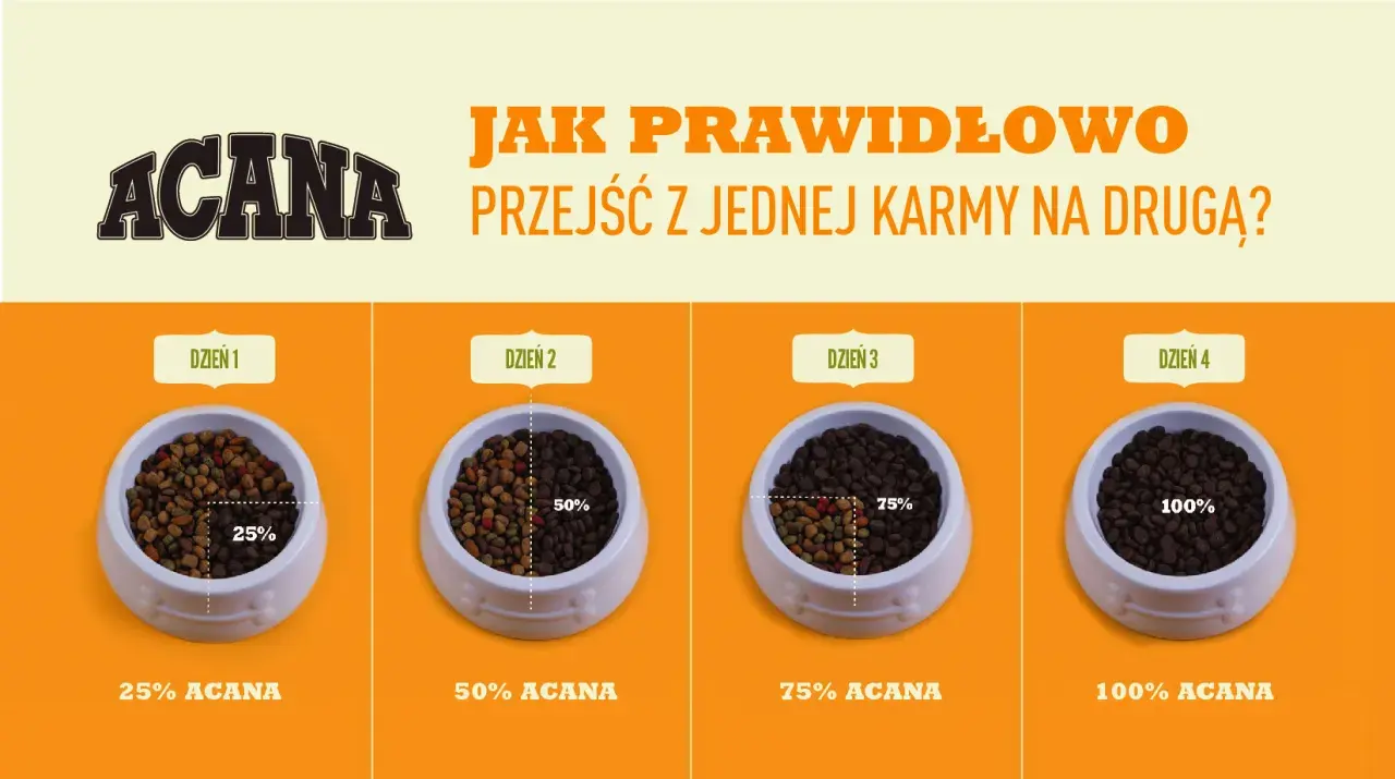 Grafika pokazuje, jak prawidłowo przejść z jednej karmy na drugą. Cztery miski z karmą dla psa, pokazujące stopniowe wprowadzanie karmy ACANA przez 4 dni.