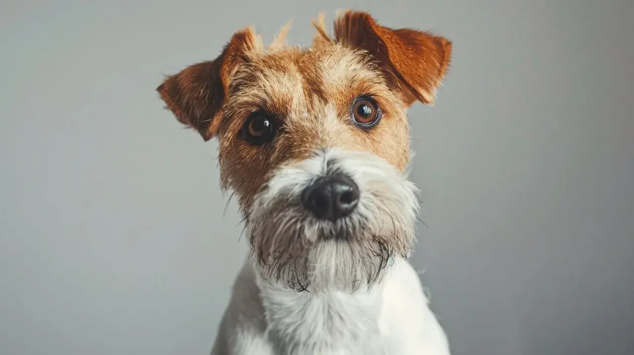 Primer plano de un adorable fox terrier con pelaje blanco y marrón, orejas puntiagudas y ojos curiosos.