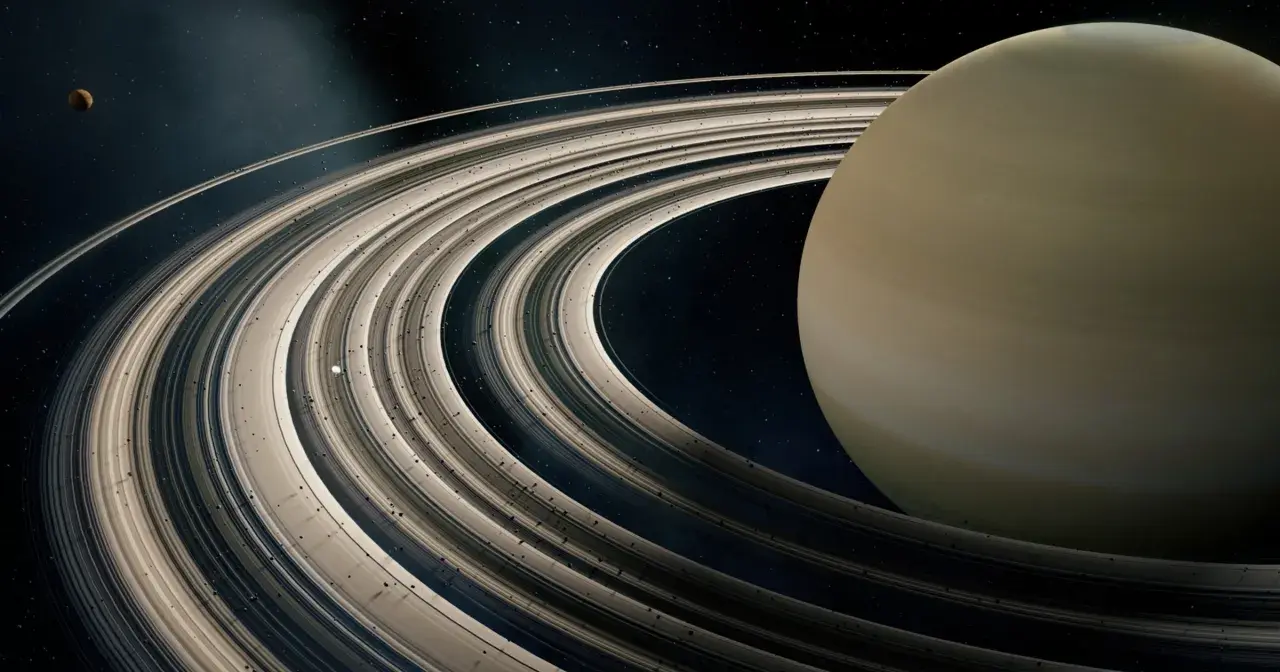 Majestatyczne pierścienie planet otaczają gazowego giganta. W oddali widać mały księżyc.