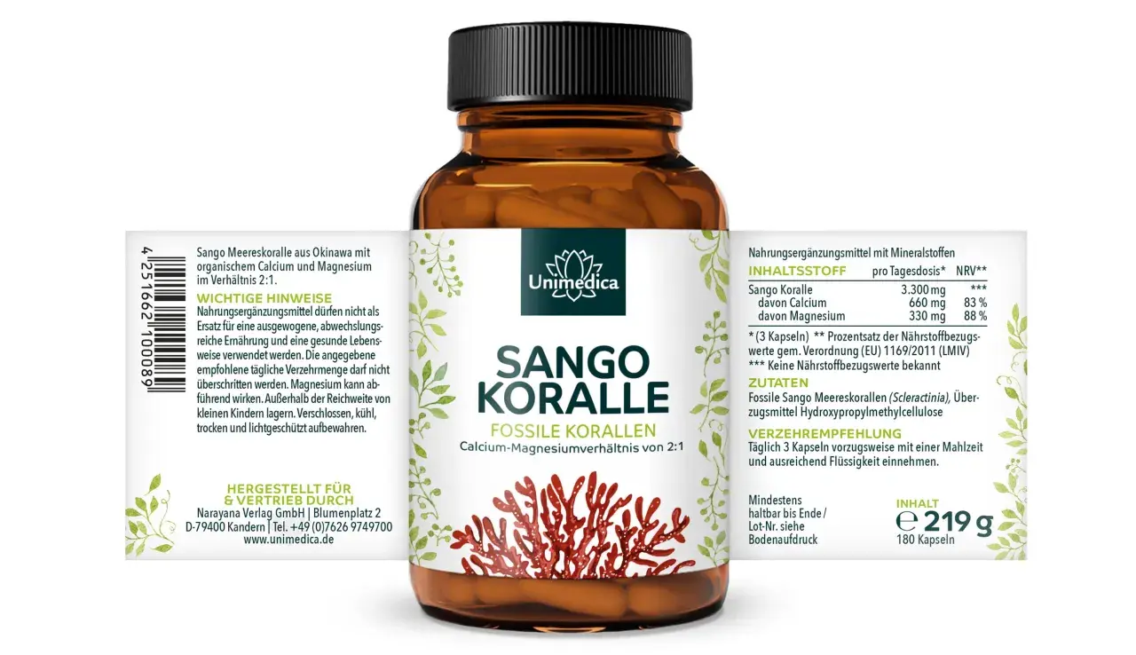 Sango Koralle Kapseln mit Calcium & Magnesium. Die Sango Koralle Wirkung wird durch das natürliche Verhältnis von 2:1 unterstützt. 180 Kapseln.