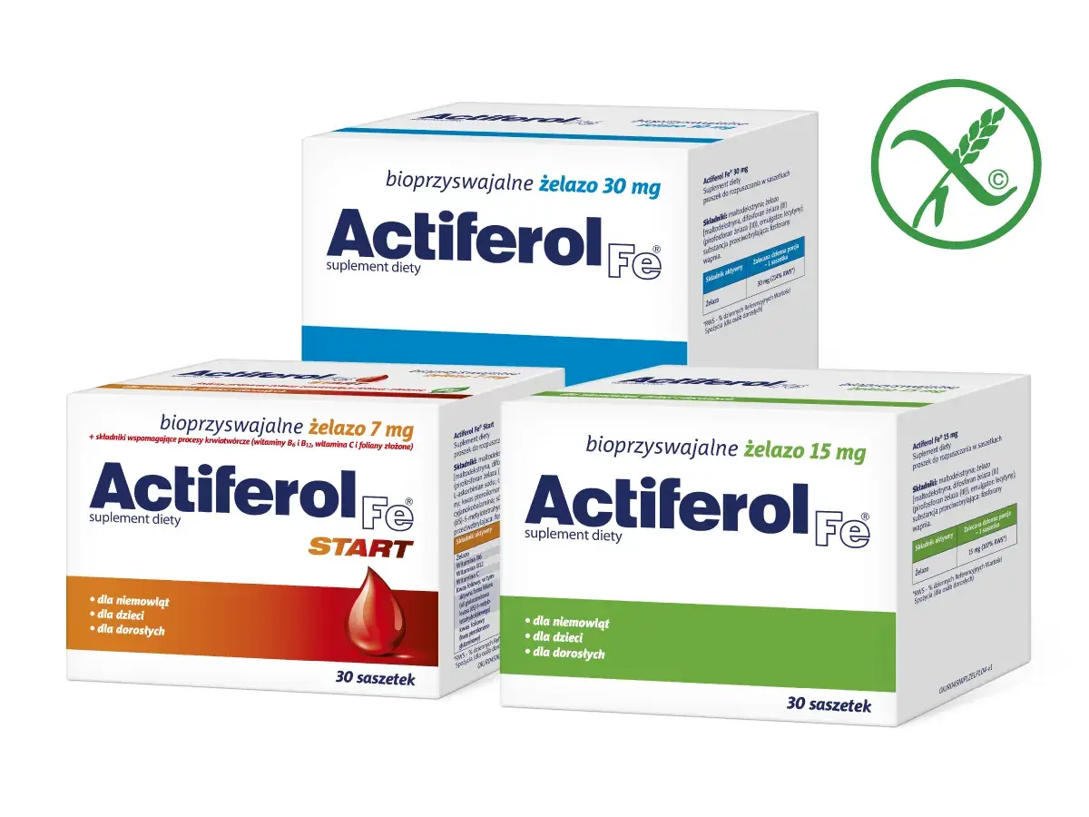 Actiferol Fe - suplementy diety z żelazem w saszetkach. Dostępne w wersjach 7 mg, 15 mg i 30 mg, dla niemowląt, dzieci i dorosłych.