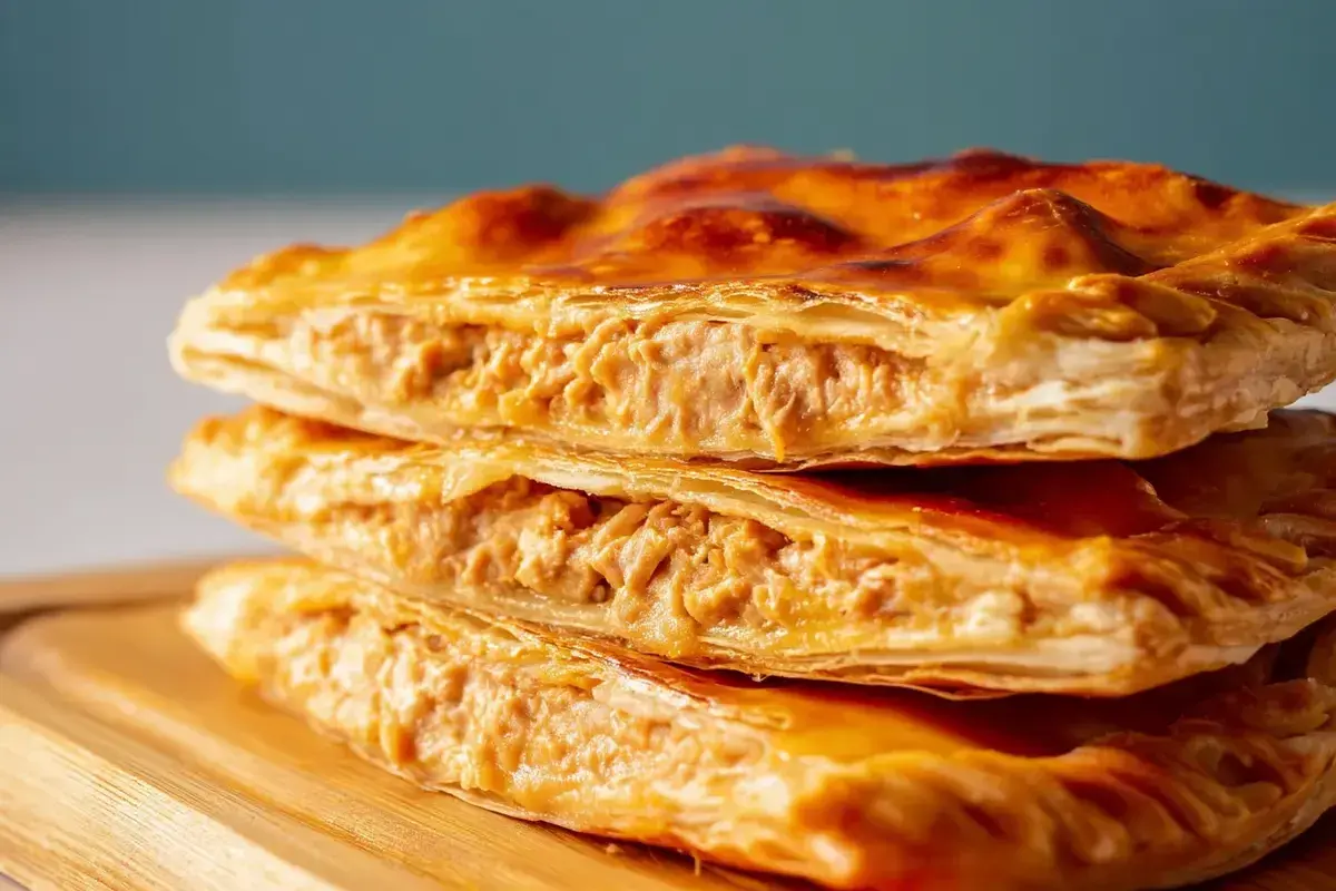 Empanada de atún dorada y crujiente, apilada en un plato de madera. El relleno de atún se ve jugoso y sabroso.