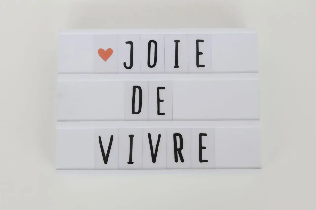 Biała tablica świetlna z napisem "JOIE DE VIVRE" i pomarańczowym serduszkiem.
