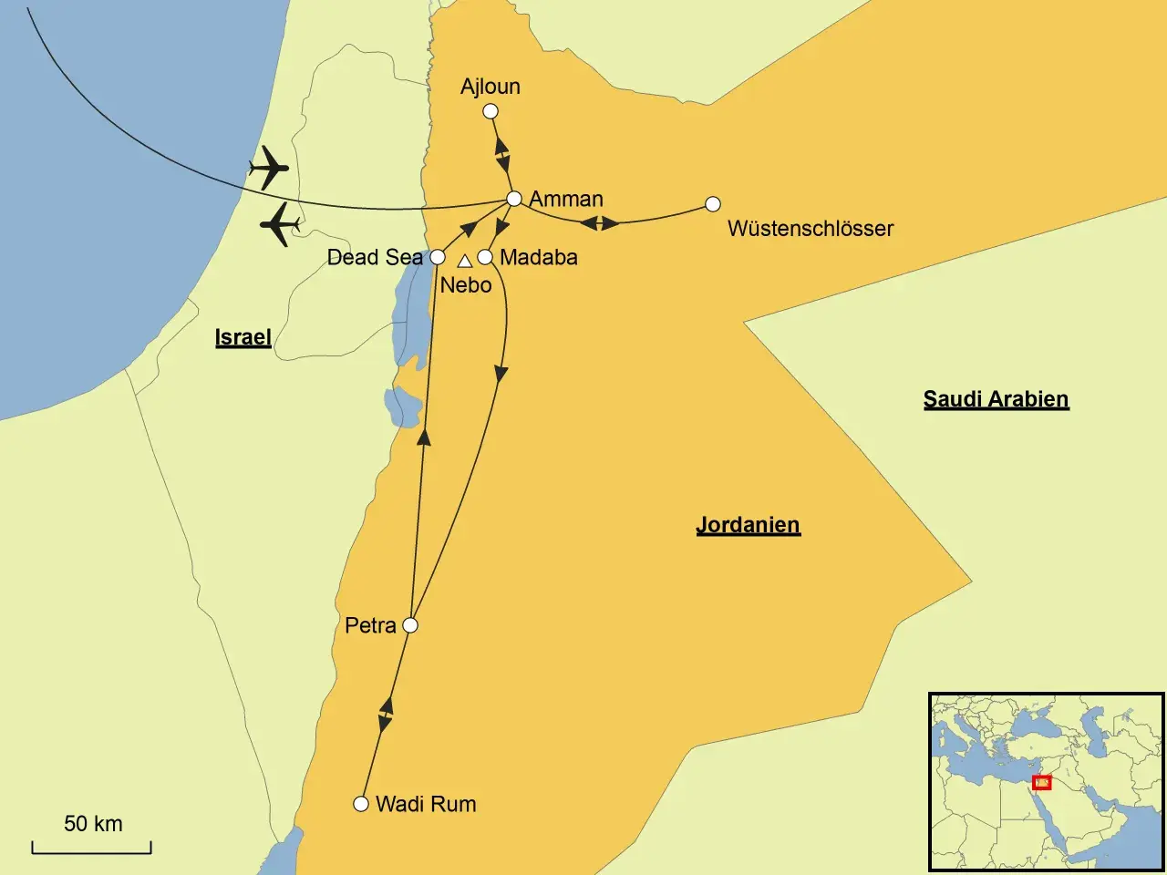 Reiseroute durch Jordanien: Amman, Wüstenschlösser, Totes Meer, Madaba, Nebo, Petra, Wadi Rum. Flugrouten und Nachbarländer wie Israel und Saudi-Arabien sind markiert.