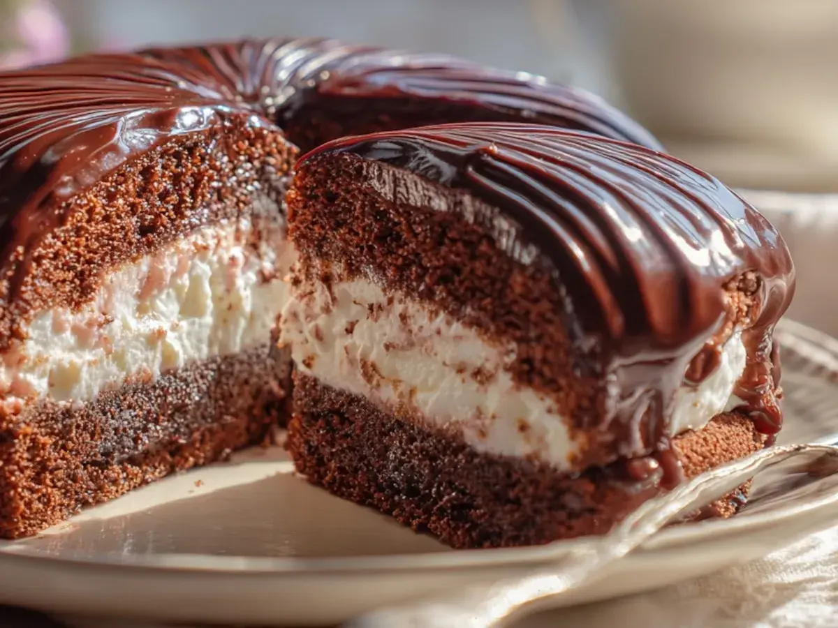 Pastel de chocolate cubierto de glaseado brillante, con relleno cremoso. ¡Un delicioso ding dong cake listo para disfrutar!