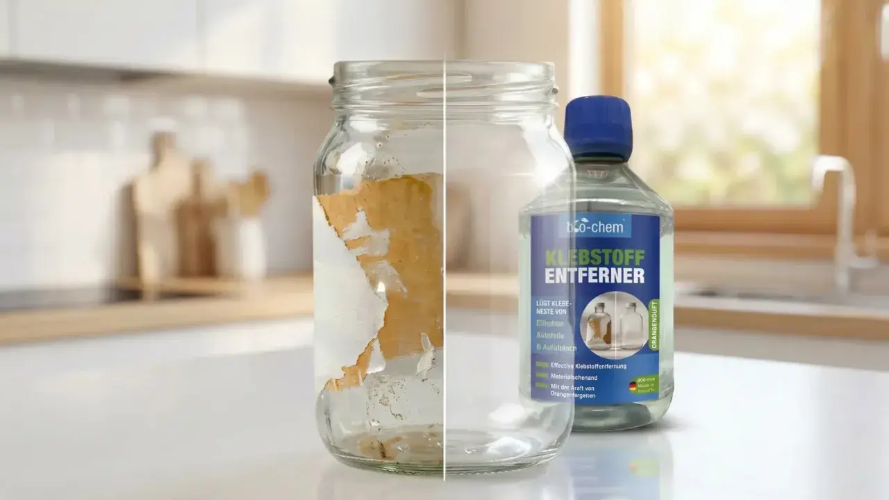 Glas mit hartnäckigen kleberesten wird durch Klebstoffentferner im Handumdrehen sauber.