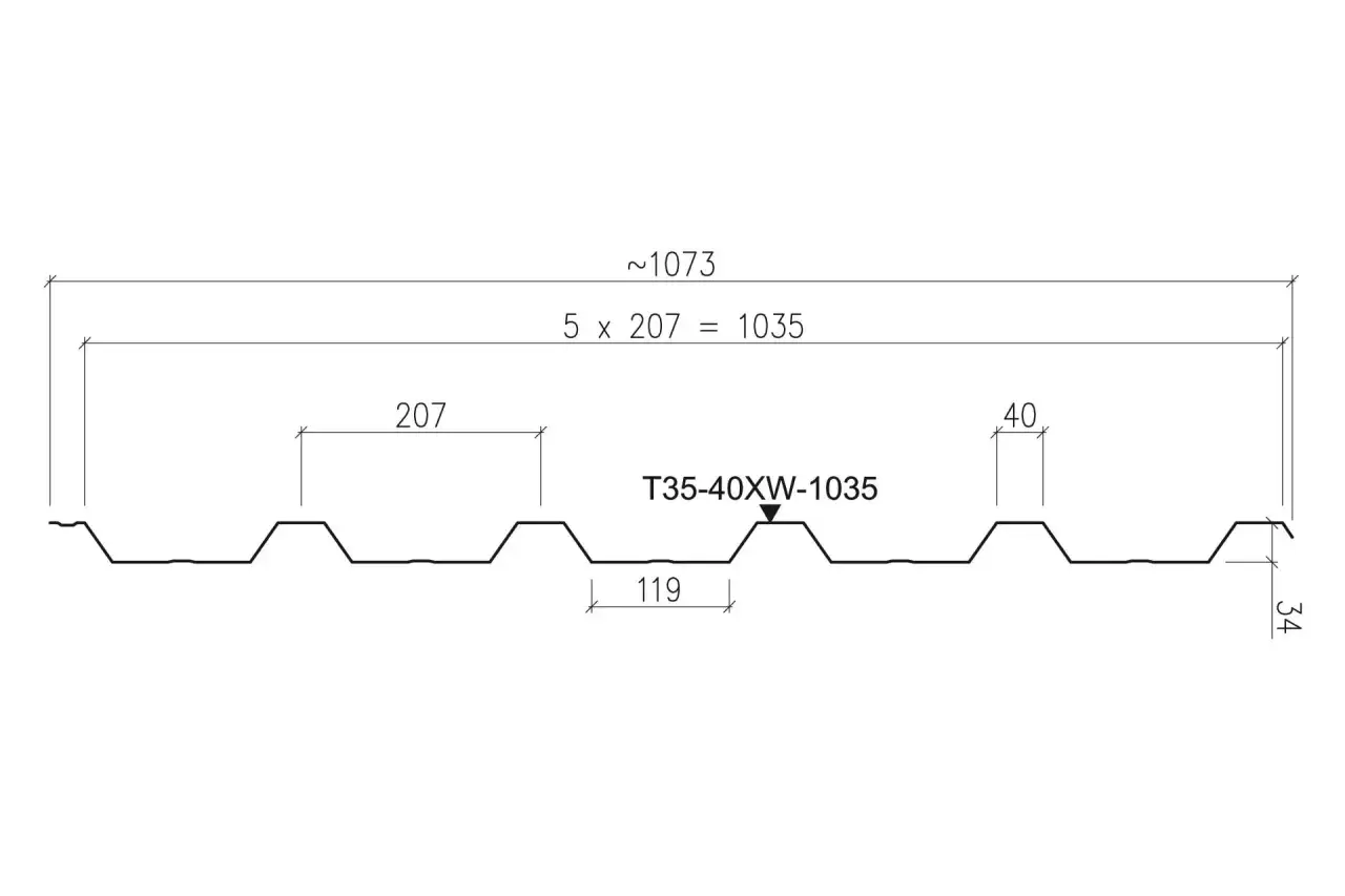 Profil blachy trapezowej T35-40XW-1035 z wymiarami: szerokość całkowita ~1073 mm, szerokość krycia 1035 mm, wysokość profilu 34 mm, rozstaw żeber 207 mm.