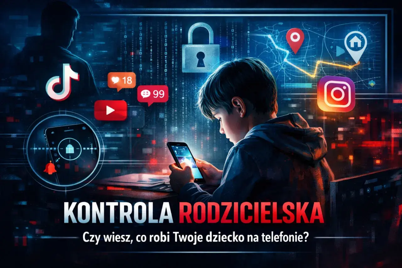Chłopiec pochłonięty telefonem, otoczony ikonami mediów społecznościowych. Grafika symbolizuje kontrolę rodzicielską na telefonie i bezpieczeństwo dzieci w sieci.