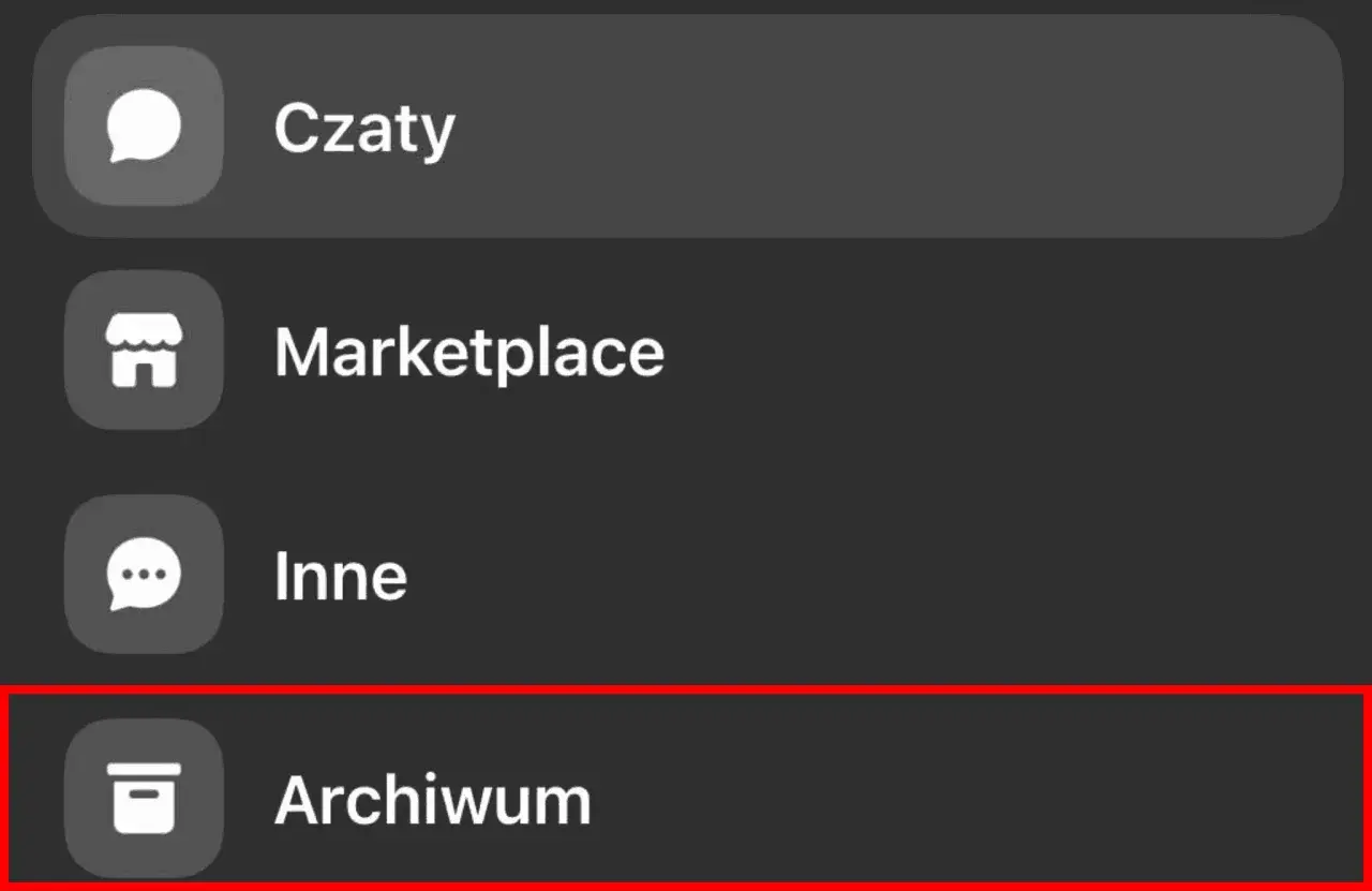 Menu Messengera: Czaty, Marketplace, Inne, Archiwum. Tu znajdziesz sposób, jak przywrócić czaty na Messengerze.
