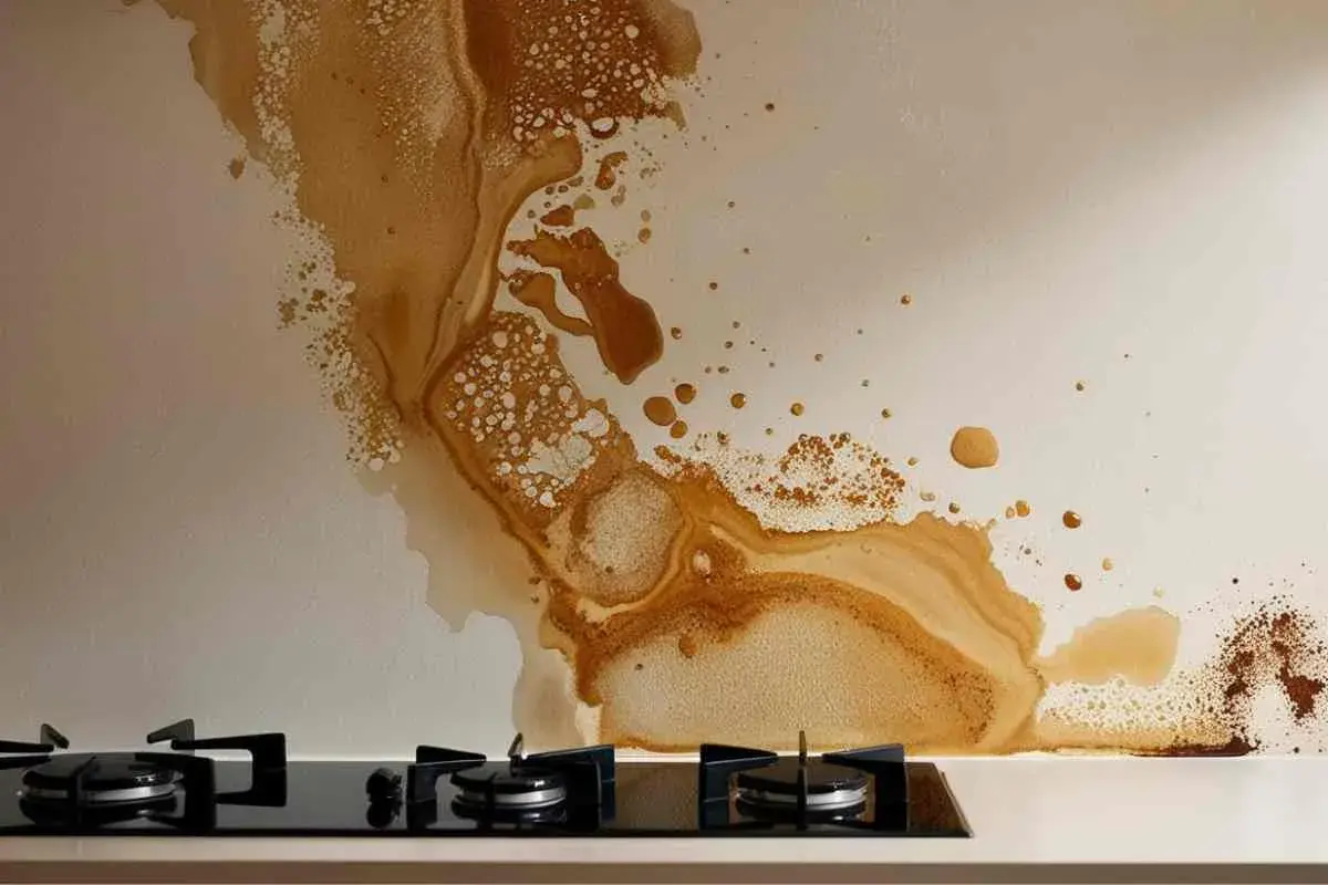 Macchie di olio sul muro della cucina, con gocce e schizzi che creano un disegno astratto sopra il piano cottura a gas.