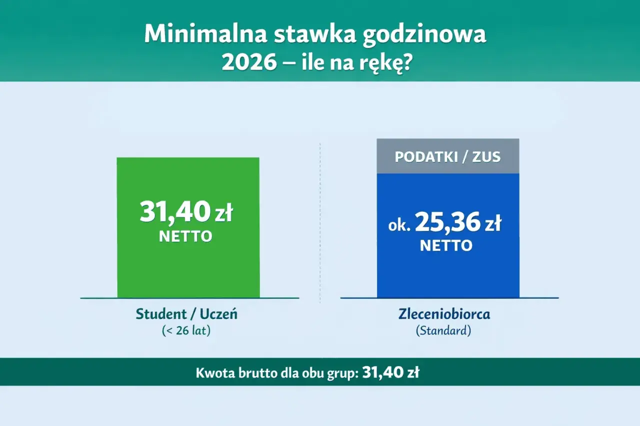 Minimalna stawka godzinowa 2026: 31,40 zł netto dla studenta/ucznia, ok. 25,36 zł netto dla zleceniobiorcy. Ile kosztuje roboczogodzina w Polsce?