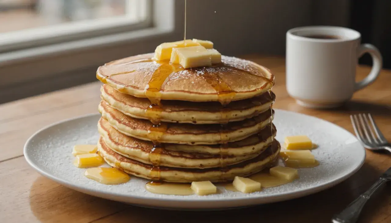 Pile de pancakes dorés arrosés de sirop et garnis de beurre, saupoudrés de sucre glace. Un délice pour le petit-déjeuner.