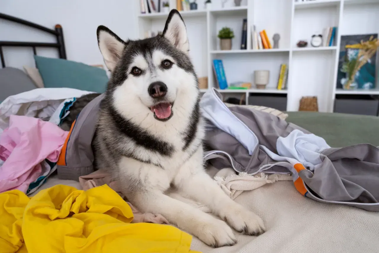 Szczęśliwy husky rozłożył się na swoim legowisku wśród kolorowych ubrań.