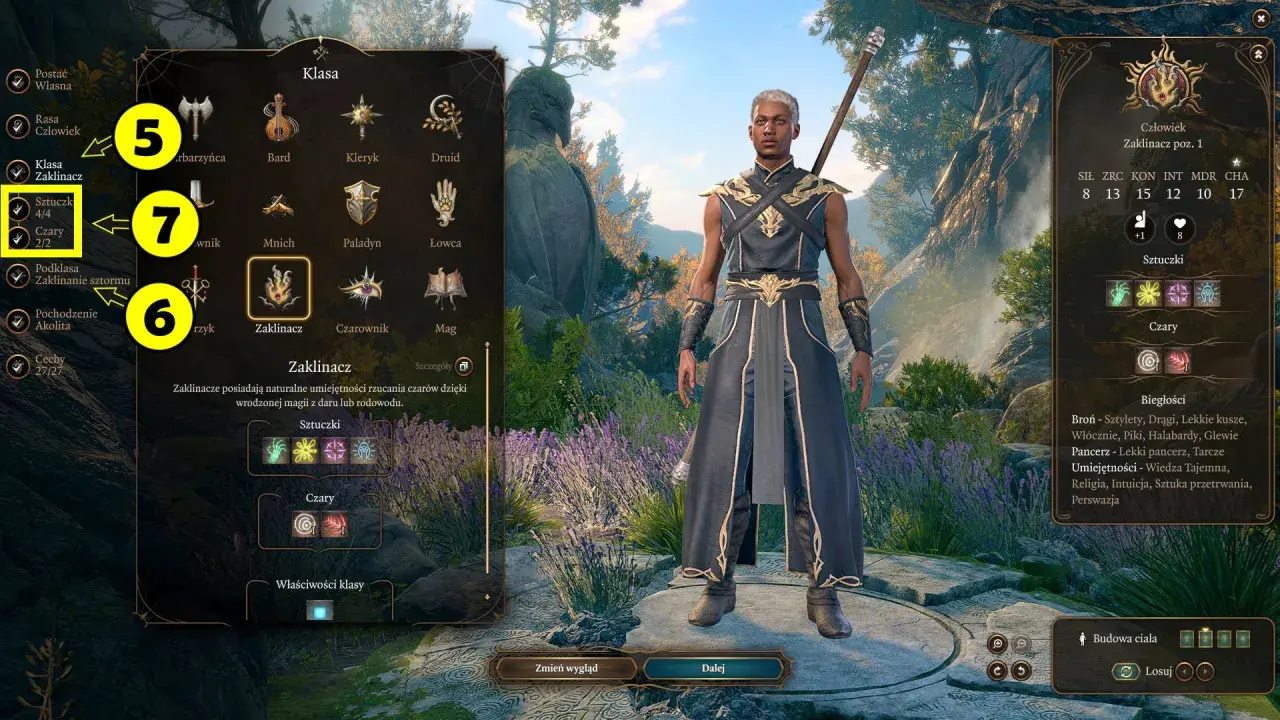 Wybór klasy Zaklinacz w Baldur's Gate III. Postać ma 4/4 sztuczek i 2/2 czarów.