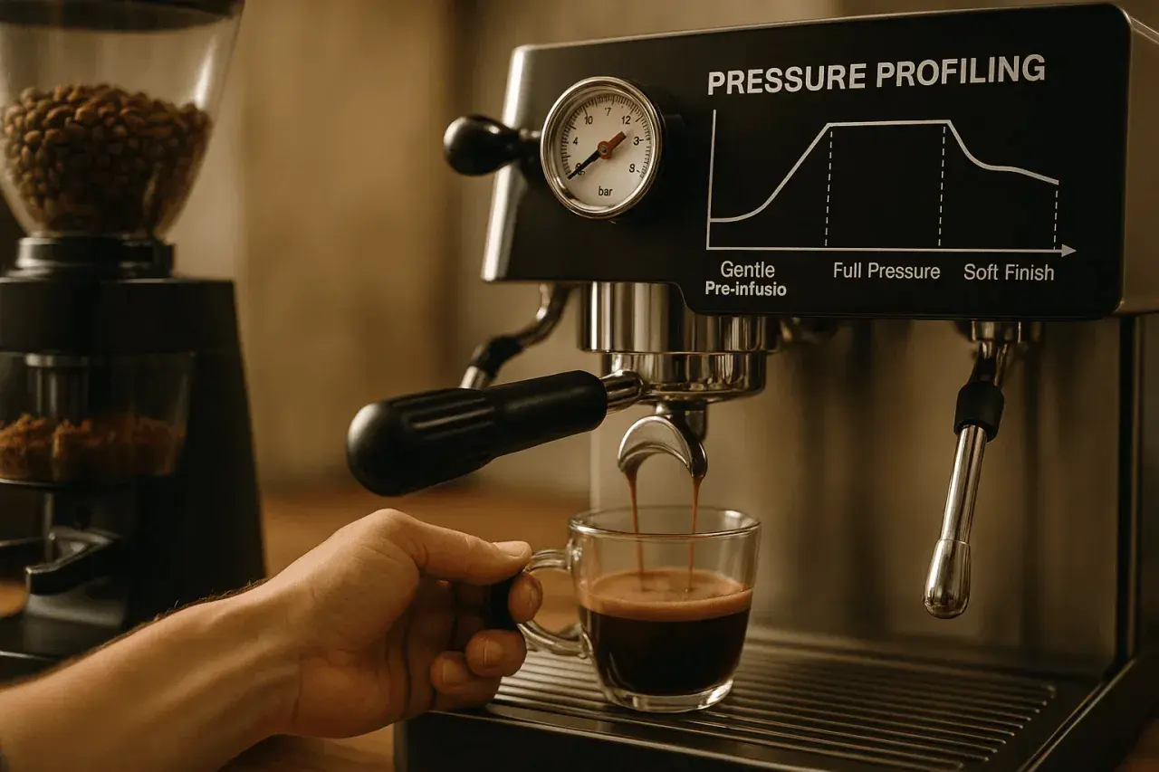 Hand hält Tasse unter Espressomaschine, die gerade einen Espresso brüht. Der sanfte Pre-infusion Prozess beginnt.