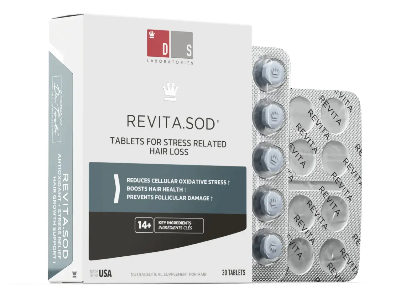 Caja y blíster de Revita.SOD, tabletas para la caída del cabello por estrés. Contiene ingredientes clave como ashwagandha para combatir la caída del pelo.