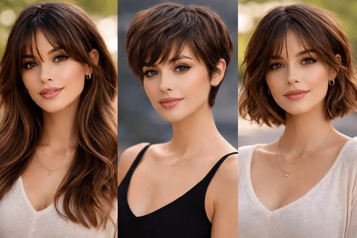 Tres cortes de pelo mujer: largo con flequillo, pixie y bob.