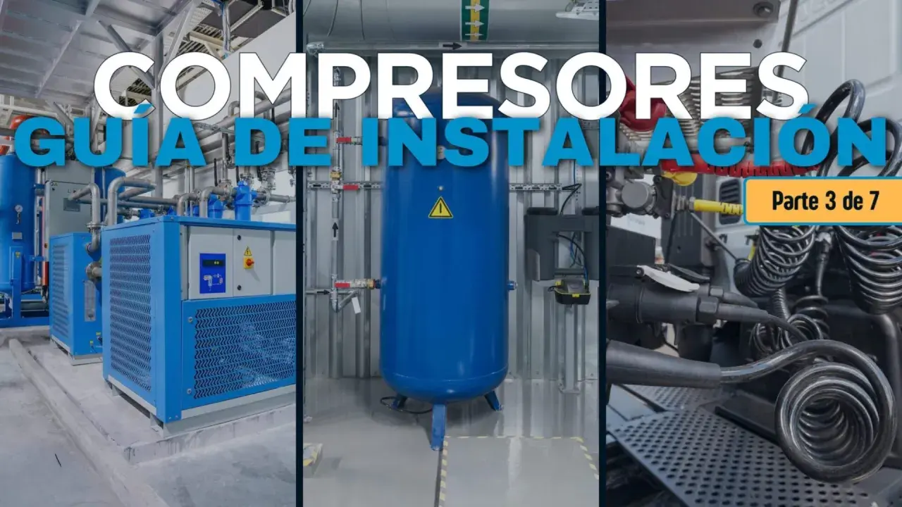 Instalación de compresores: una guía visual de la sala de compresores, mostrando equipos industriales y conexiones.