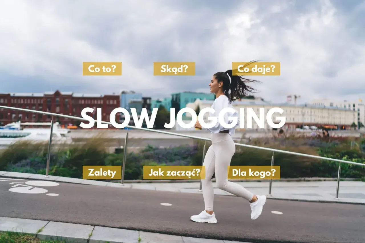 Kobieta w stroju sportowym biegnie w spokojnym tempie, promując slow jogging. Napisy pytają: "Co to?", "Skąd?", "Co daje?", "Zalety", "Jak zacząć?", "Dla kogo?".
