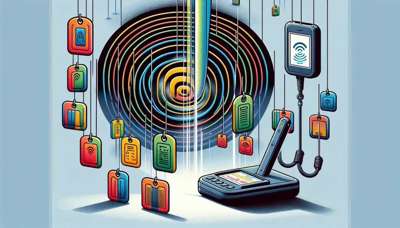 Kolorowe breloczki z symbolami, czytnik i smartfon. Wszystko to symbolizuje technologię kod rfid, która ułatwia identyfikację i śledzenie.