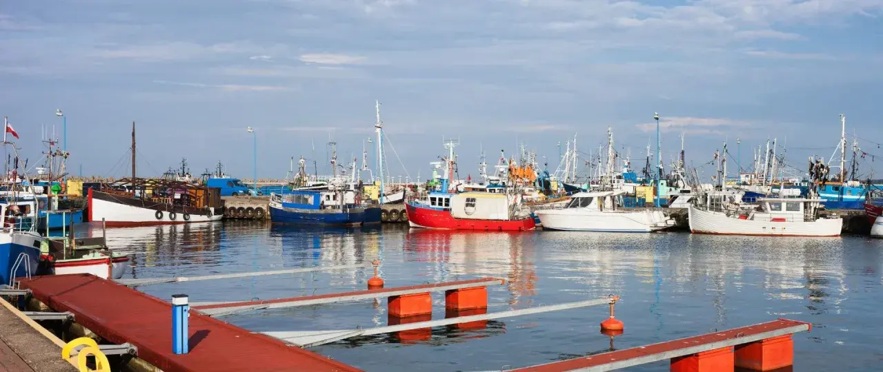 Władysławowo port pełen kutrów rybackich i białych jachtów, gotowych do wypłynięcia na spokojne morze.