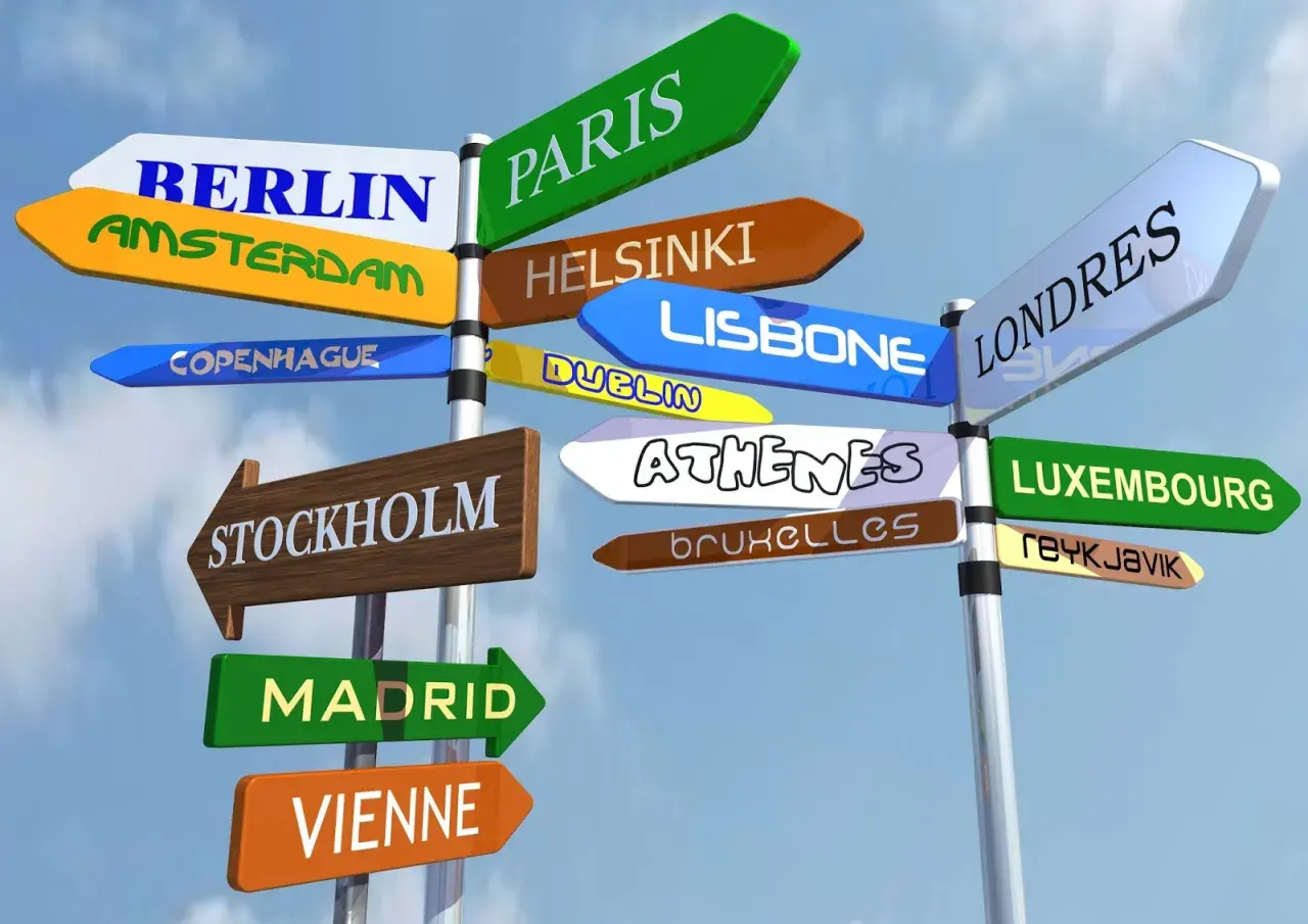 Señalización de ciudades europeas, como París, Berlín, Madrid y Londres, ideal para estudiantes que buscan becas Erasmus.