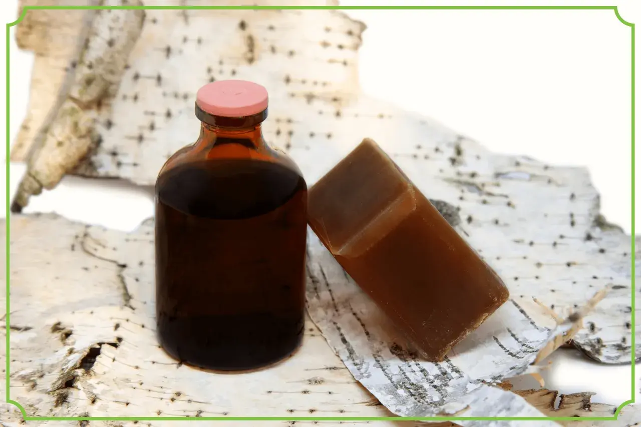 Brązowa buteleczka z płynem i kostka mydła na korze brzozy. Dziegieć co to? To naturalny produkt o wielu zastosowaniach.