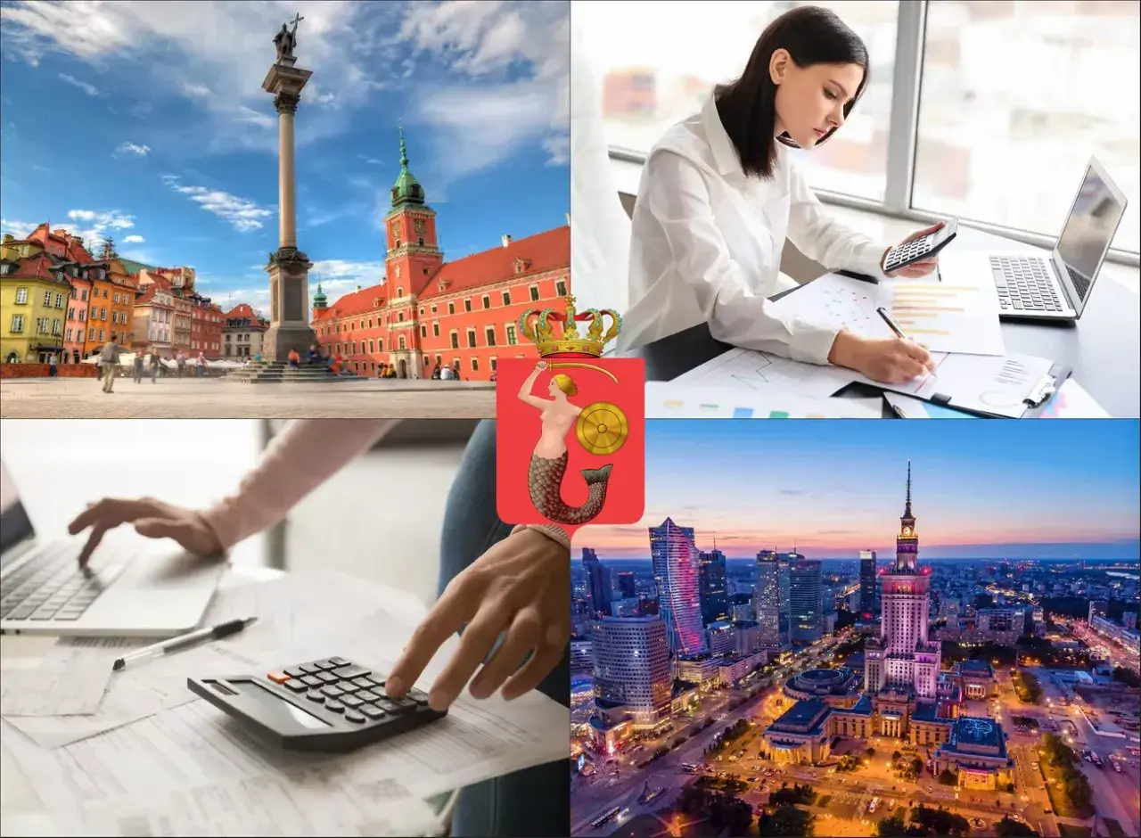 Warszawa: Zamek Królewski, Syrenka, praca z kalkulatorem i widok na miasto nocą.