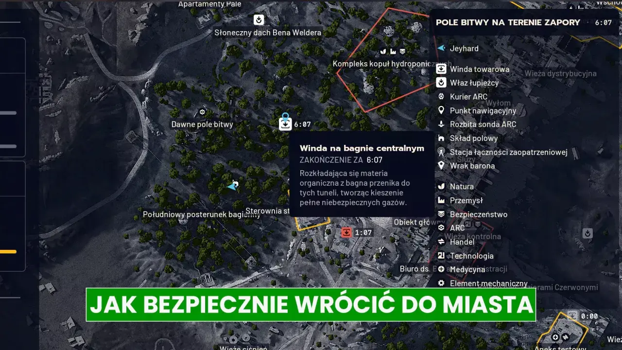 Mapa z gry Arc Raiders z zaznaczonymi celami i wskazówkami, jak bezpiecznie wrócić do miasta.