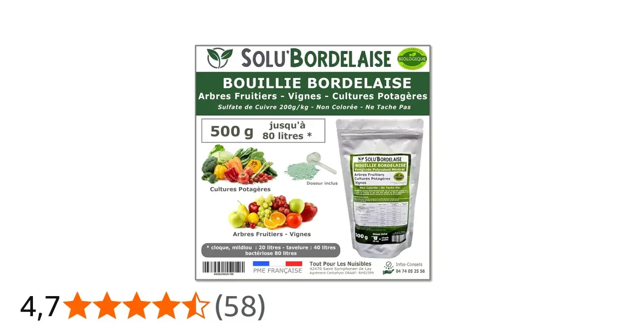 Bouillie bordelaise pour poirier et autres cultures. Protège contre cloque, mildiou et bactériose. 500g pour 80 litres.