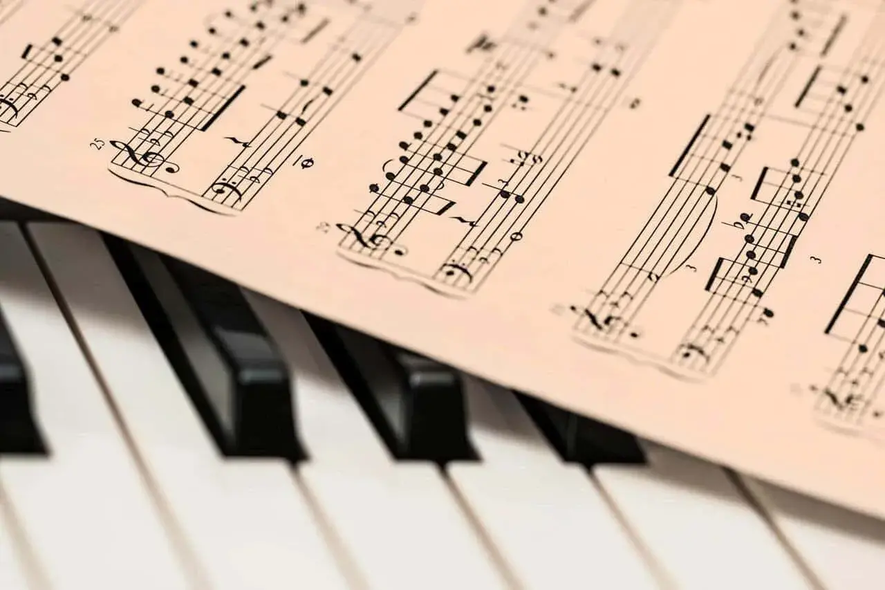 Partition de musique posée sur un clavier de piano. Les notes semblent prêtes à être jouées, une mélodie en attente de la touche de la diese.